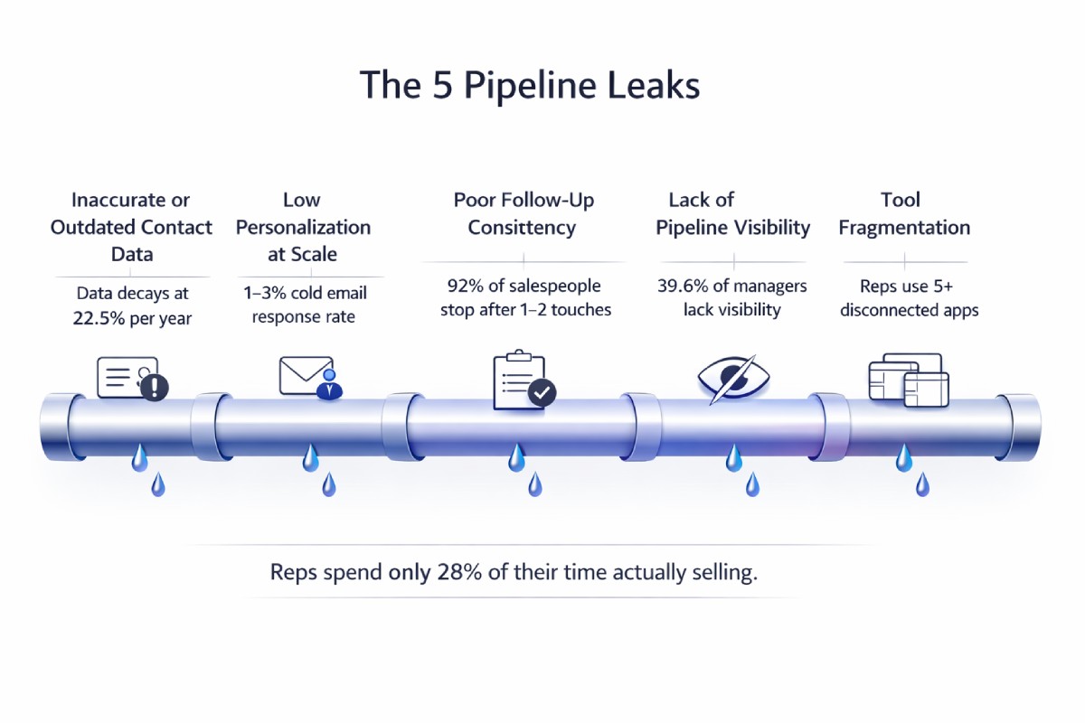 Minimalistic premium infographic diagram titled “The 5 Pipeline Leaks”